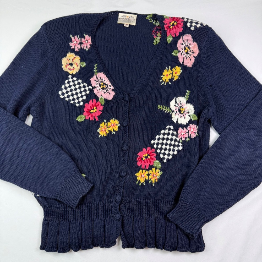 Vintage 1992 Susan Bristol Navy Floral Hand Embroidered Cardigan Sweater Medium